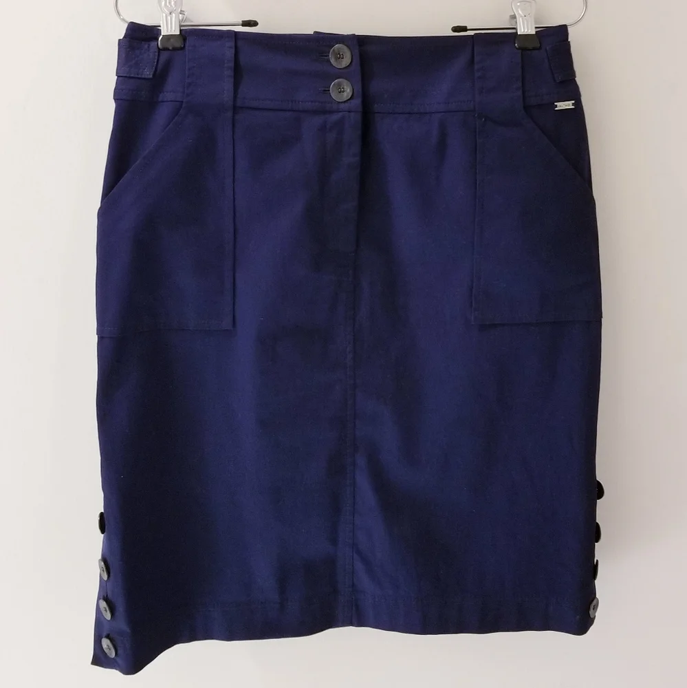 St. John 2012 Resort Collection 100% Cotton Navy Blue Side Button Skirt Sz 4